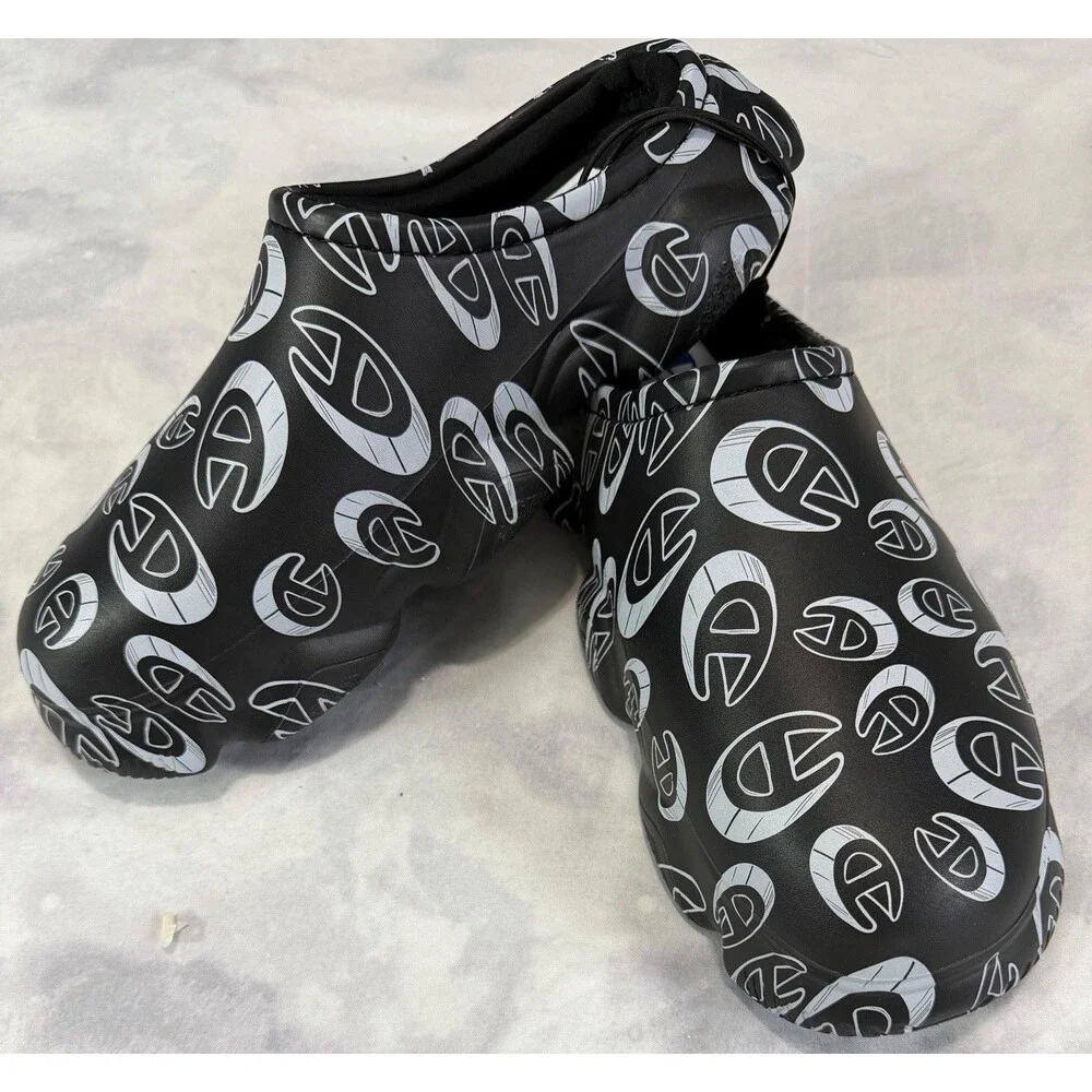 Champion Slip-On Clogs Shoes Black Logo Print Unisex Size 8 New with Tags
